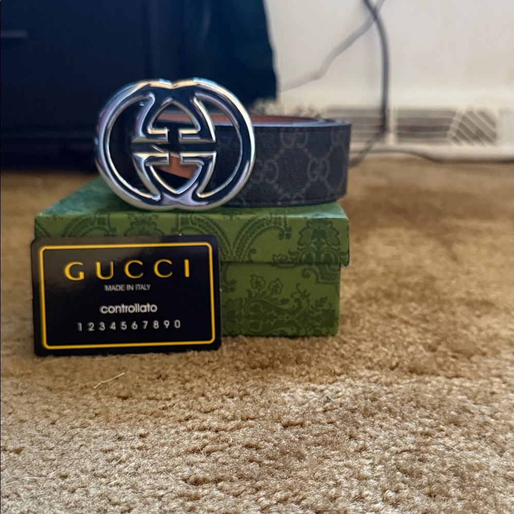 Gucci Dark Gray Belt with Silver GG Buckle